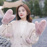 皮草滑雪手套可爱獭兔毛手套男女通用冬韩版双面毛毛保暖连指手套