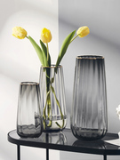 欧式轻奢描金创意玻璃花瓶透明水养富贵竹玫瑰花插花瓶摆件客厅大