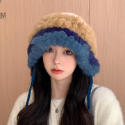 兔毛针织帽女秋冬季拼接保暖毛线，帽韩版甜美可爱毛绒护耳包头帽子