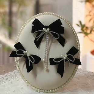 新娘蝴蝶结发夹原创设计发饰边，夹三件套小众黑色珍珠流苏时尚大气