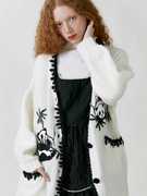 XUNRUO熏若 白色熊猫针织开衫羊毛混纺镶边毛衣女 独立设计师品牌