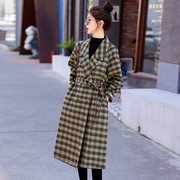 绿色格子羊绒女秋冬中长款加厚绵羊毛大衣甜美修身型毛呢外套