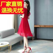 品牌雪纺连衣裙2024女士前短后长，红色裙子夏季不规则气质长裙