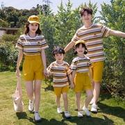 亲子装2024夏季一家四口三口母女母子装姐弟短袖条纹家庭套装
