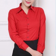 职业装长袖衬衫女v领大红色工装，修身ol通勤白斜纹(白斜纹)寸衫打底衫大码