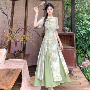 夏季新中式复古国风印花改良旗袍显瘦吊带裙两件套禅意连衣裙