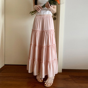 藕粉色半身裙女日系甜美垂坠感中长款大摆伞裙小个子烟粉色蓬蓬裙