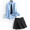 蓝色显瘦翻领减龄学院风领带长袖女衬衫工装风半身短裙女套装N578