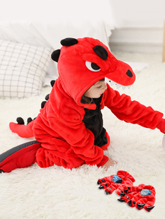 红恐龙儿童卡通动物，连体睡衣套装秋冬款如厕版男女孩宝宝家居服