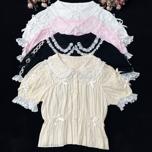 原创lolita洋装纯棉甜美短袖衬衫娃娃，领短款高腰显瘦内搭夏