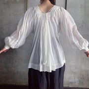 包税日本直发towavase经典，纯棉handsmocking白色，方领衬衫女