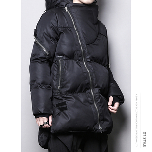 冬季暗黑系个性小众设计感拉链中长款加厚保暖连帽外套棉衣服男装