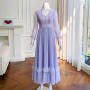 紫色方领度假风法式长裙女拼接网纱长袖立体收腰雪纺连衣裙通勤款