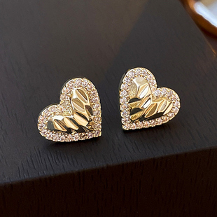 时尚褶皱锆石爱心银针耳饰欧美几何高级感气质真金电镀金色耳环