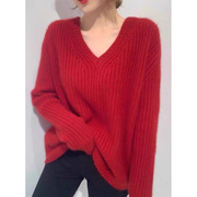 红色羊绒衫女宽松v领毛衣女2023春季设计感小众针织打底衫