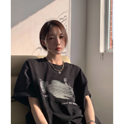 sodu波纹圆领印花短袖，t恤女夏季黑色，显瘦简约体恤韩版宽松上衣潮