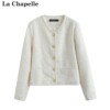 拉夏贝尔/La Chapelle秋季小香风圆领开衫外套女气质白色亮片上衣