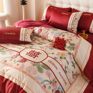 新中式双喜印花结婚四件套红色陪嫁被套床单全棉，纯棉婚庆床上用品