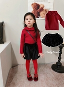 女童冬季娃娃领花边，针织衫大红色打底衫，加厚加绒花苞短裤泡泡