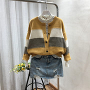 毛衣开衫女装503黄色，2021年秋季羊毛衫，单排扣软糯保暖毛线衫外套