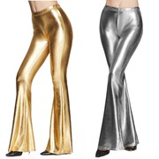 女士性感修身金色漆皮长裤时尚街头风微喇裤亮面涂胶仿皮喇叭裤