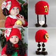 宝宝秋冬季加绒加厚假发帽子新生儿童冬季帽子红色0-12-3-4岁女孩