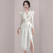 2024春季女装白色礼服，裙长袖名媛开叉蕾丝法式连衣裙跨境女装9373