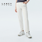 LANCY/朗姿2023秋季高腰牛仔裤子女式休闲白色宽松小脚裤子