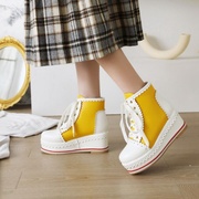 松糕厚底休闲靴坡跟短靴，女系带高帮，学院黄色白色蓝色大码单靴wmh