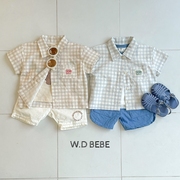 WOODIE韩国童装24夏男女婴小童宝宝薄棉方格帅气短袖衬衫外搭