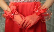 新娘短手套缎结婚纱，礼服配件新娘手套，红色蕾丝短款