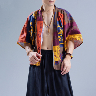亚麻休闲复古文艺印花短袖衬衫，夏季潮民族，风男装云南西藏旅游服装