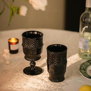 中古风法式浮雕玻璃杯葡萄，暗黑色红酒杯餐厅水杯，复古欧式饮料杯