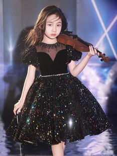 黑色晚礼服女童高端公主裙儿童，朗诵主持人小提琴钢琴演奏表演出服
