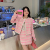 zhuyiyi名媛千金风粉色格子，小香风套装，裙女双排扣外套短裙两件套