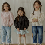 韩国女童纯棉长袖衬衫2024春款女孩，上衣儿童淑女蕾丝娃娃衫打底衫