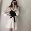 韩国chic春季设计感系带短款裹胸+不规则中长款衬衫连衣裙两件套
