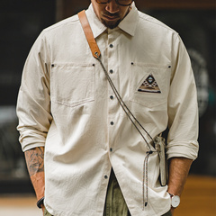马登工装美式复古长袖衬衫印第安图腾拼接口袋叠穿衬衣米白色男寸