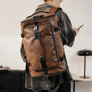 2024双肩包韩版户外旅行背包休闲大容量登山包圆桶包学生书包