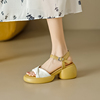 韩版拼色真皮凉鞋女夏季一字扣带防水台厚底粗跟高跟配裙子的鞋子