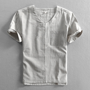 男士亚麻短袖衬衣条纹，透气拼接棉麻，水洗无领宽松半袖衬衫