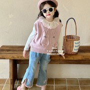 韩系女童衬衫马甲喇叭裤绣花蕾丝，边甜美宝宝，三件套装2024年春秋新