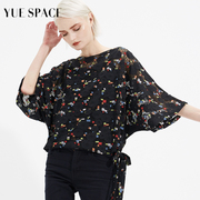 yuespace夏季蕾丝衫宽松套头，系带黑色印花镂空女士，小衫蝙蝠袖洋气