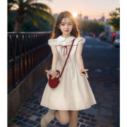 红丝带蕾丝花边娃娃领连衣裙女短袖，2024夏季法式白色初恋裙子