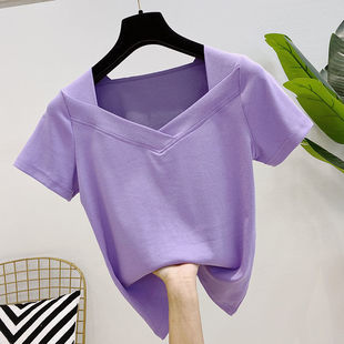 露锁骨v领短袖T恤女士夏季设计感小众法式方领短款上衣小个子