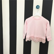 3-9岁澳洲女童纯棉长袖，t恤嫩粉色，拼接蕾丝花边下摆