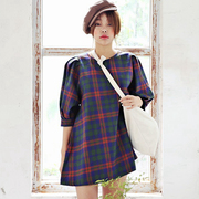 k500韩国女装新2024纯棉格子灯笼，袖夏秋五分，袖a型宽松连衣裙上衣