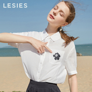 LESIES蓝色倾情夏季女装学院风翻领印花衬衫设计感小众上衣