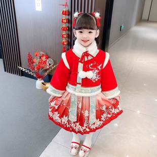女童冬装汉服儿童喜庆加厚拜年服套装宝宝中式红色唐装周岁礼服