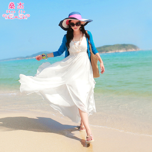 沙滩裙2023海边度假雪纺，夏季泰国女装白色波西米亚长裙连衣裙